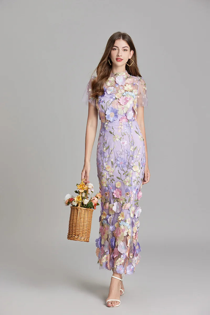 Elegant Mesh Fishtail Dress with 3D Flower Appliqué Maxi Dresses | Chuzko.com