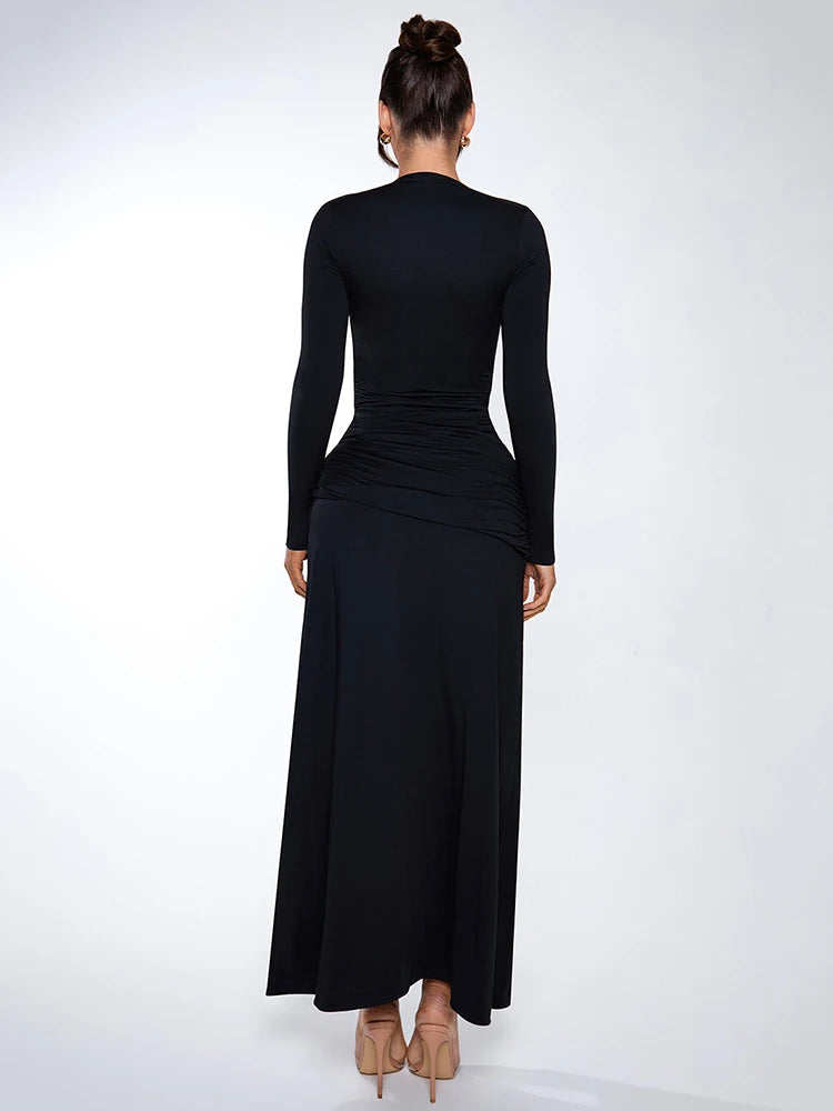 Elegant Black Formal Dress – Plunge Neck & High Slit Maxi Gown | Chuzko.com