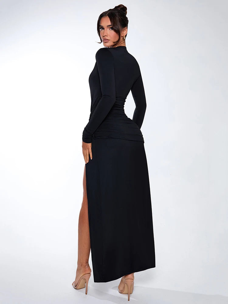 Elegant Black Formal Dress – Plunge Neck & High Slit Maxi Gown | Chuzko.com