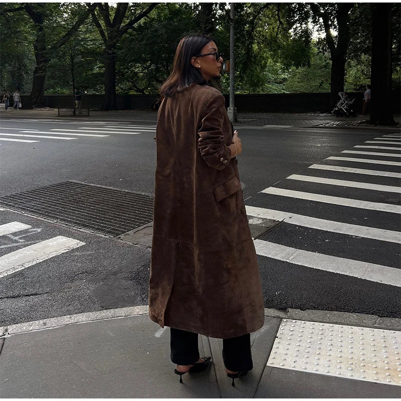 Double-Breasted Windbreaker Faux Suede Notch Lapel Coat Trench | Chuzko.com