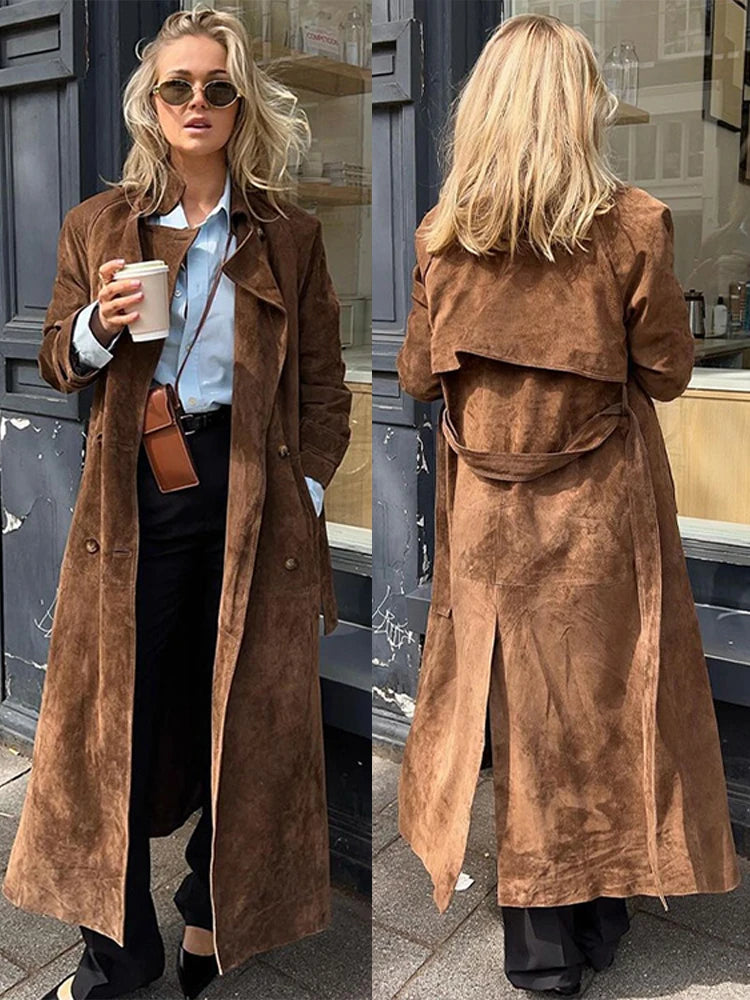 Double-Breasted Windbreaker Faux Suede Notch Lapel Coat Trench | Chuzko.com