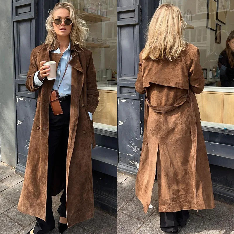 Double-Breasted Windbreaker Faux Suede Notch Lapel Coat Trench | Chuzko.com