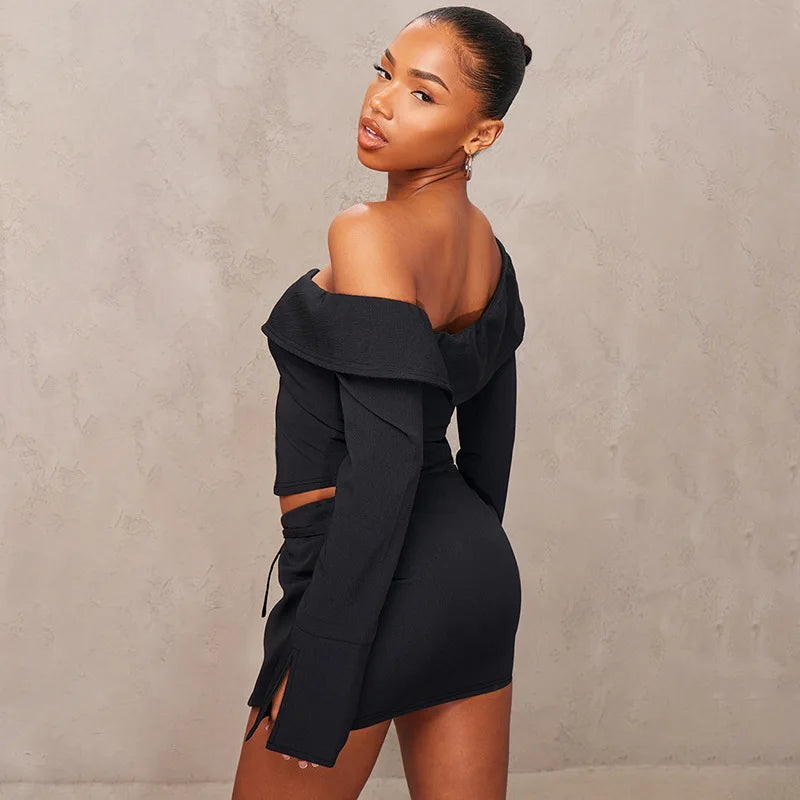 Asymmetrical Off-Shoulder Top and Mini Skirt Set for Runway | Chuzko.com