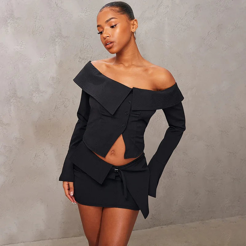 Asymmetrical Off-Shoulder Top and Mini Skirt Set for Runway | Chuzko.com