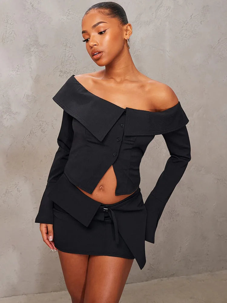 Asymmetrical Off-Shoulder Top and Mini Skirt Set for Runway | Chuzko.com