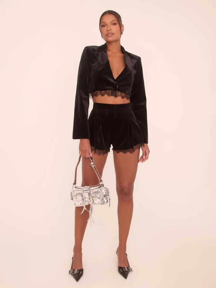 Lace Trim Crop Blazer and Shorts Set Clubbing 2-Piece Outfit | Chuzko.com