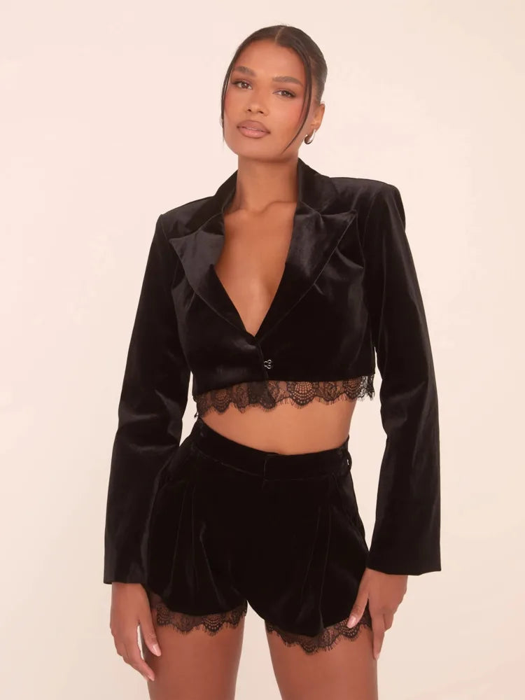 Lace Trim Crop Blazer and Shorts Set Clubbing 2-Piece Outfit | Chuzko.com