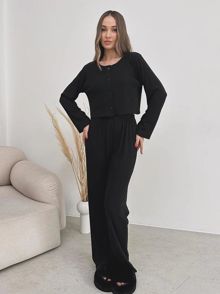 Rib-Knit Lounge 3-Piece Set with Cardigan Crop Top & Pants Ribbed | Chuzko.com