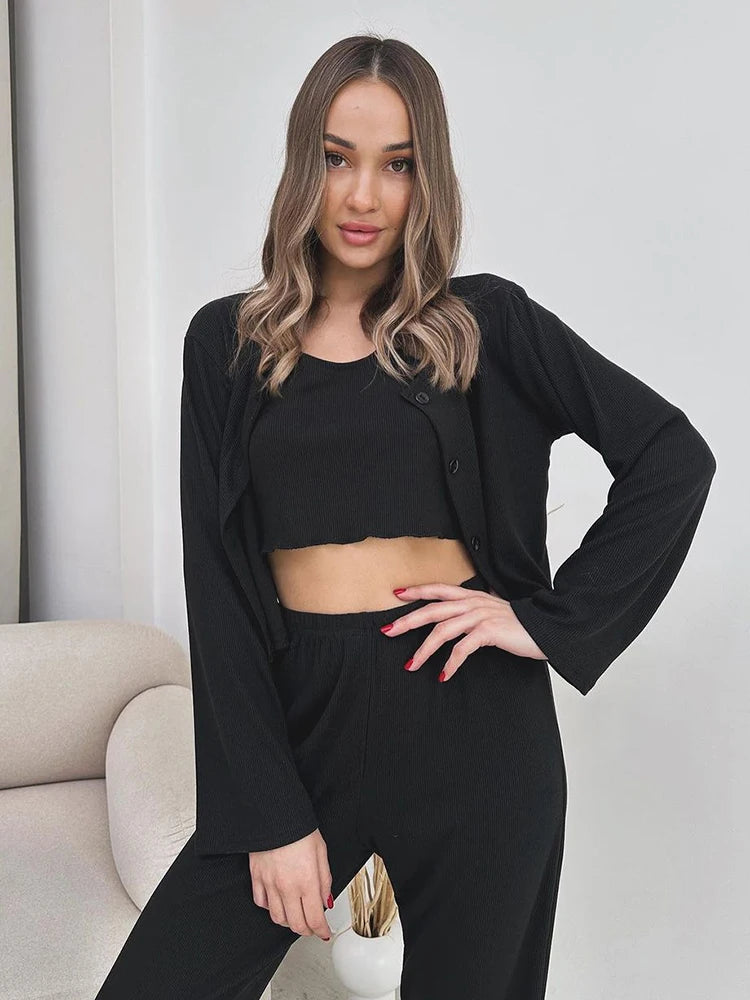 Rib-Knit Lounge 3-Piece Set with Cardigan Crop Top & Pants Ribbed | Chuzko.com