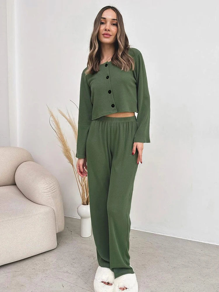 Rib-Knit Lounge 3-Piece Set with Cardigan Crop Top & Pants Ribbed | Chuzko.com