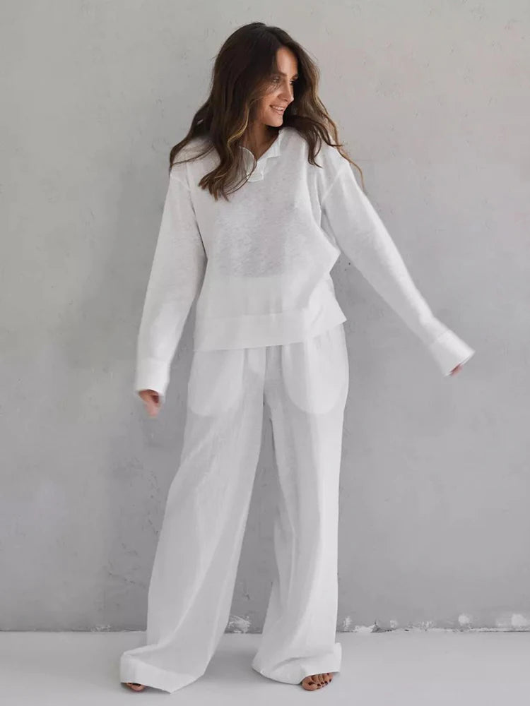 Cotton Blend Wide-Leg Pants & Top Loungewear Set	