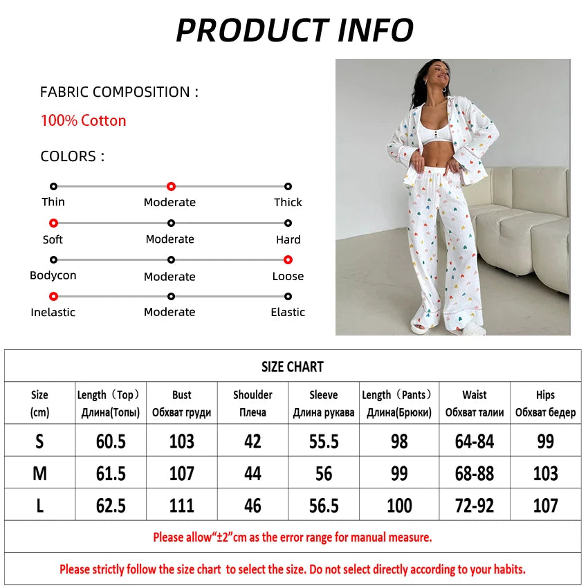 Heart Print Cotton Pajama Set Notch Collar 2-Piece Loungewear | Chuzko.com