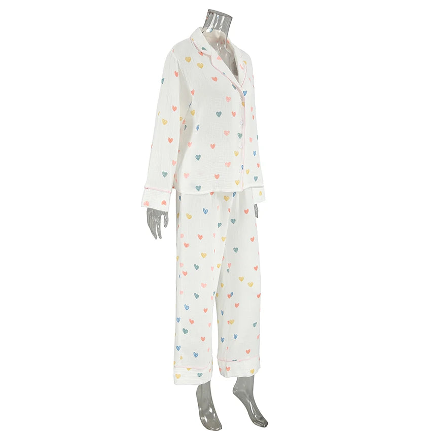 Heart Print Cotton Pajama Set Notch Collar 2-Piece Loungewear | Chuzko.com