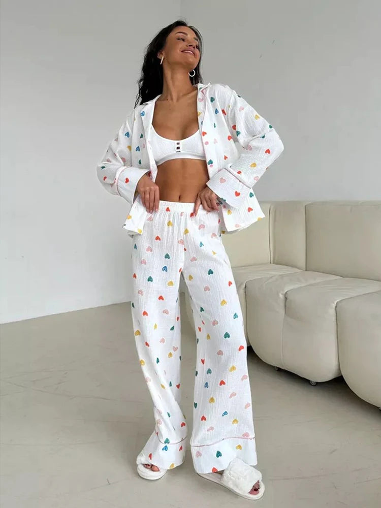 Heart Print Cotton Pajama Set Notch Collar 2-Piece Loungewear	