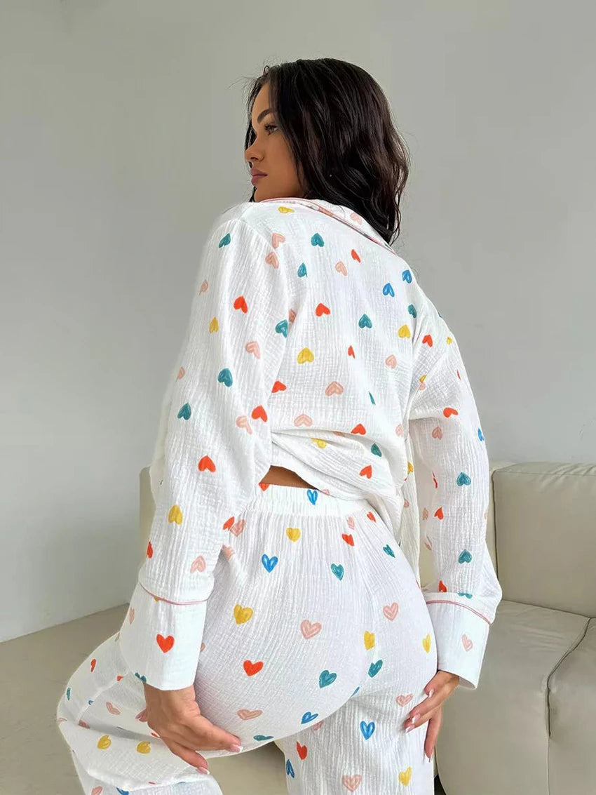 Heart Print Cotton Pajama Set Notch Collar 2-Piece Loungewear | Chuzko.com