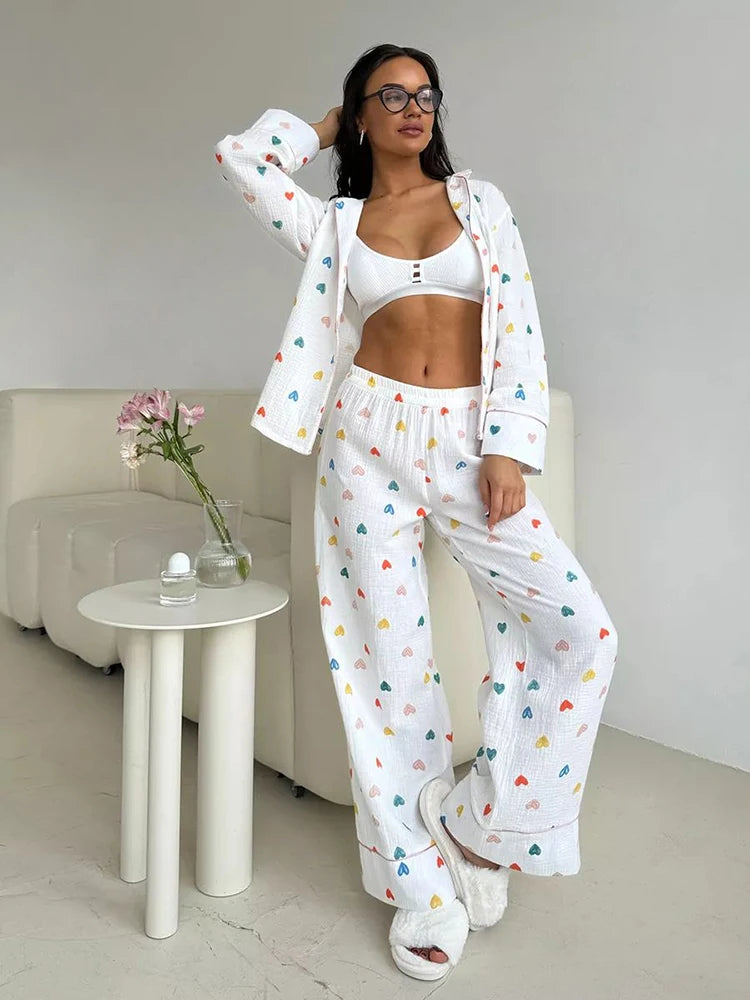 Heart Print Cotton Pajama Set Notch Collar 2-Piece Loungewear | Chuzko.com