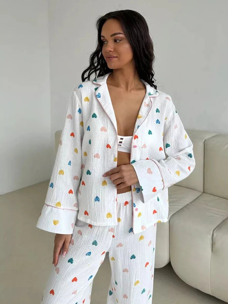 Heart Print Cotton Pajama Set Notch Collar 2-Piece Loungewear | Chuzko.com