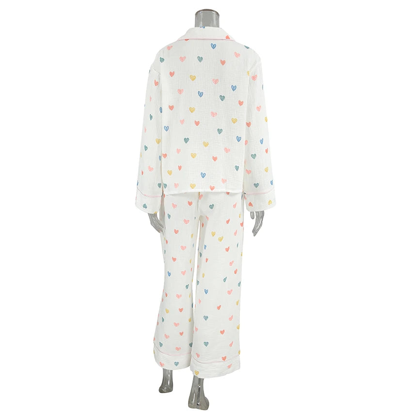 Heart Print Cotton Pajama Set Notch Collar 2-Piece Loungewear | Chuzko.com