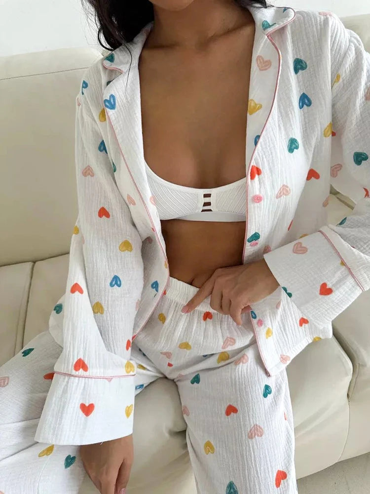 Heart Print Cotton Pajama Set Notch Collar 2-Piece Loungewear | Chuzko.com