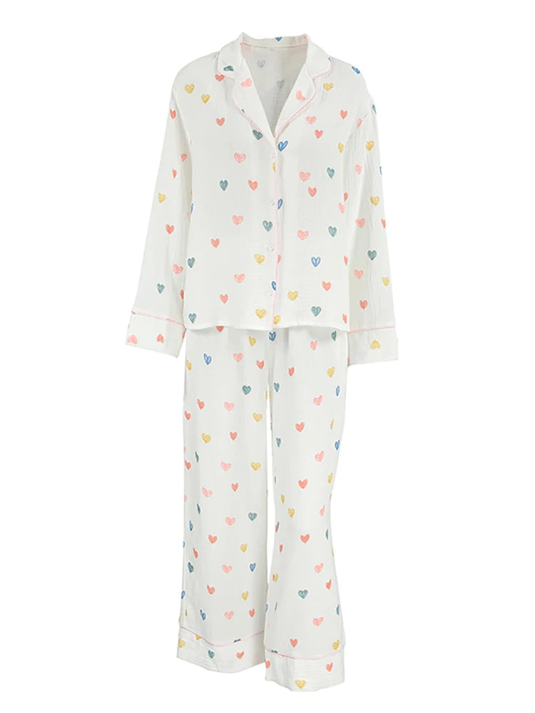 Heart Print Cotton Pajama Set Notch Collar 2-Piece Loungewear | Chuzko.com