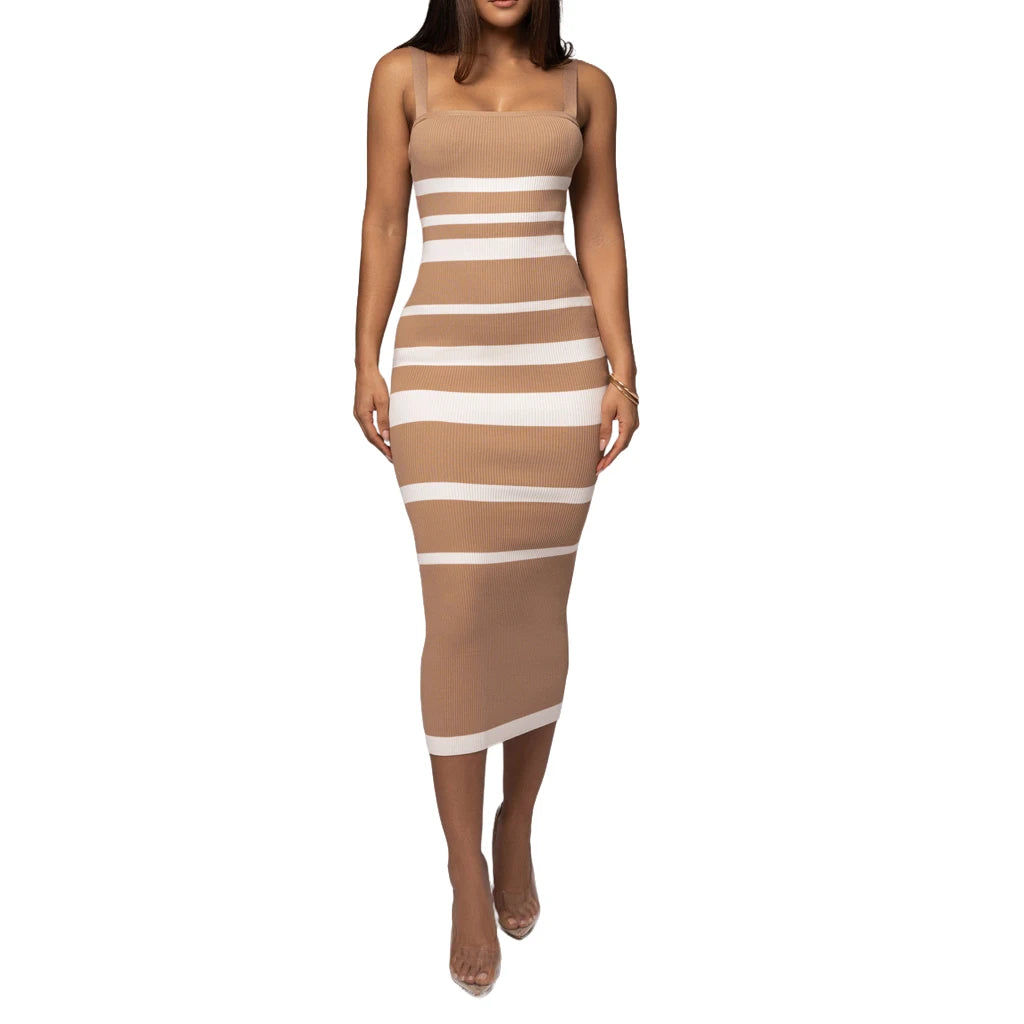 Ribbed Stripe Suspender Dress – Casual to Evening Wear Midi | Chuzko.com