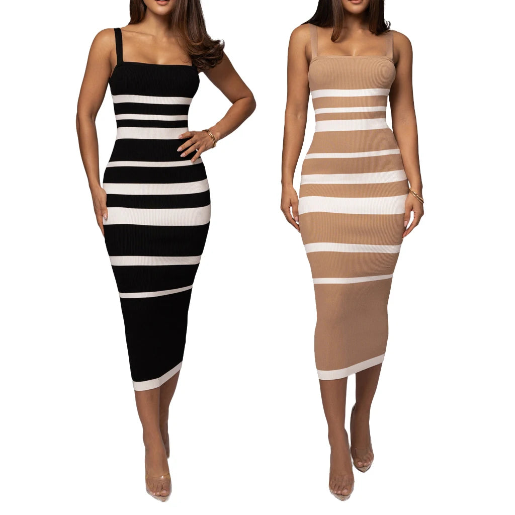 Ribbed Stripe Suspender Dress – Casual to Evening Wear Midi | Chuzko.com