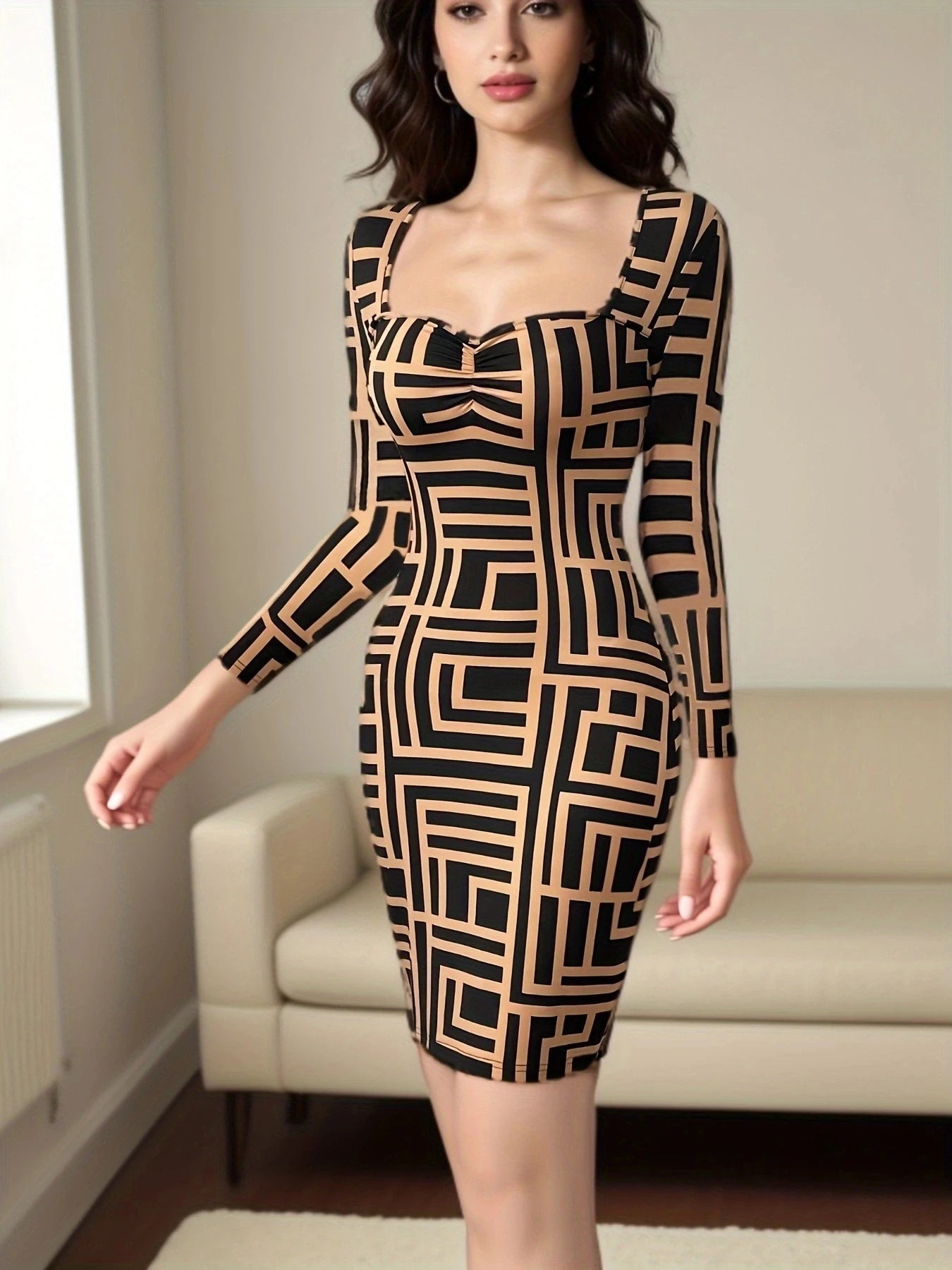 Long-Sleeve Geometric Print Bodycon Mini Dress - For Hourglass | Chuzko.com