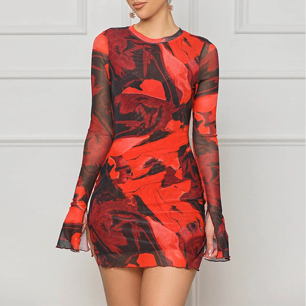 Floral Mesh Bodycon Mini Dress for Evening Events-for Clubbing	