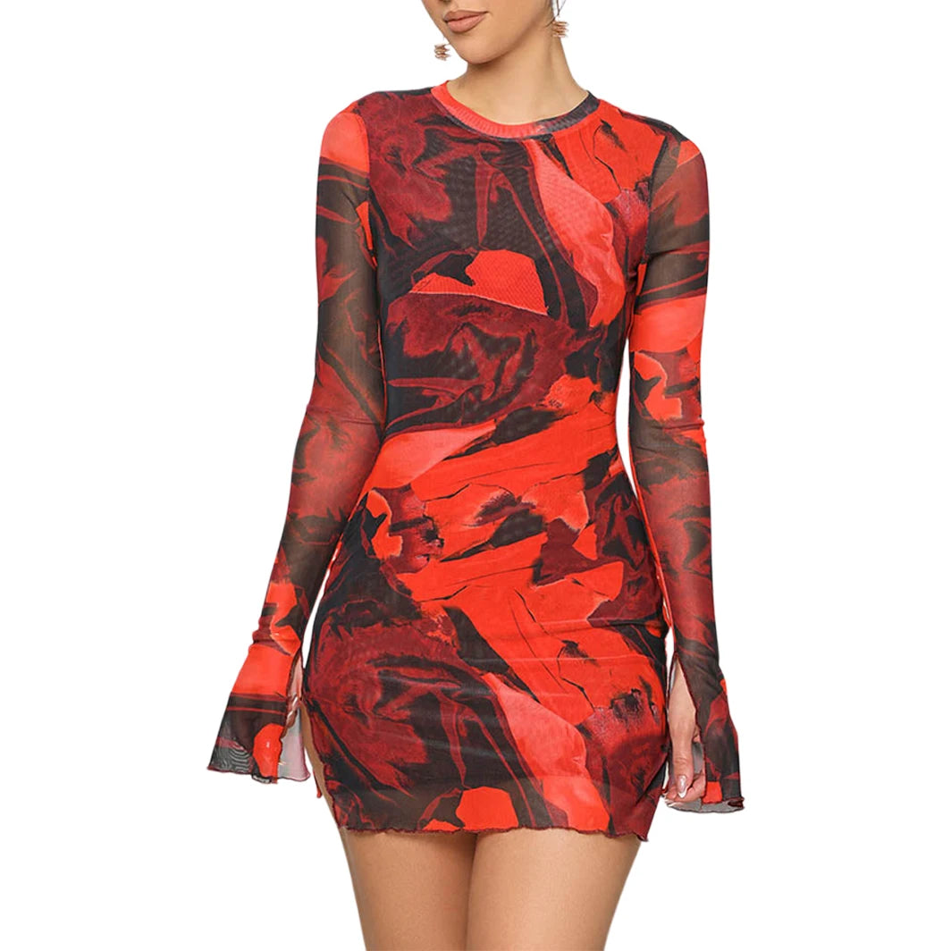 Floral Mesh Bodycon Mini Dress for Evening Events-for Clubbing | Chuzko.com