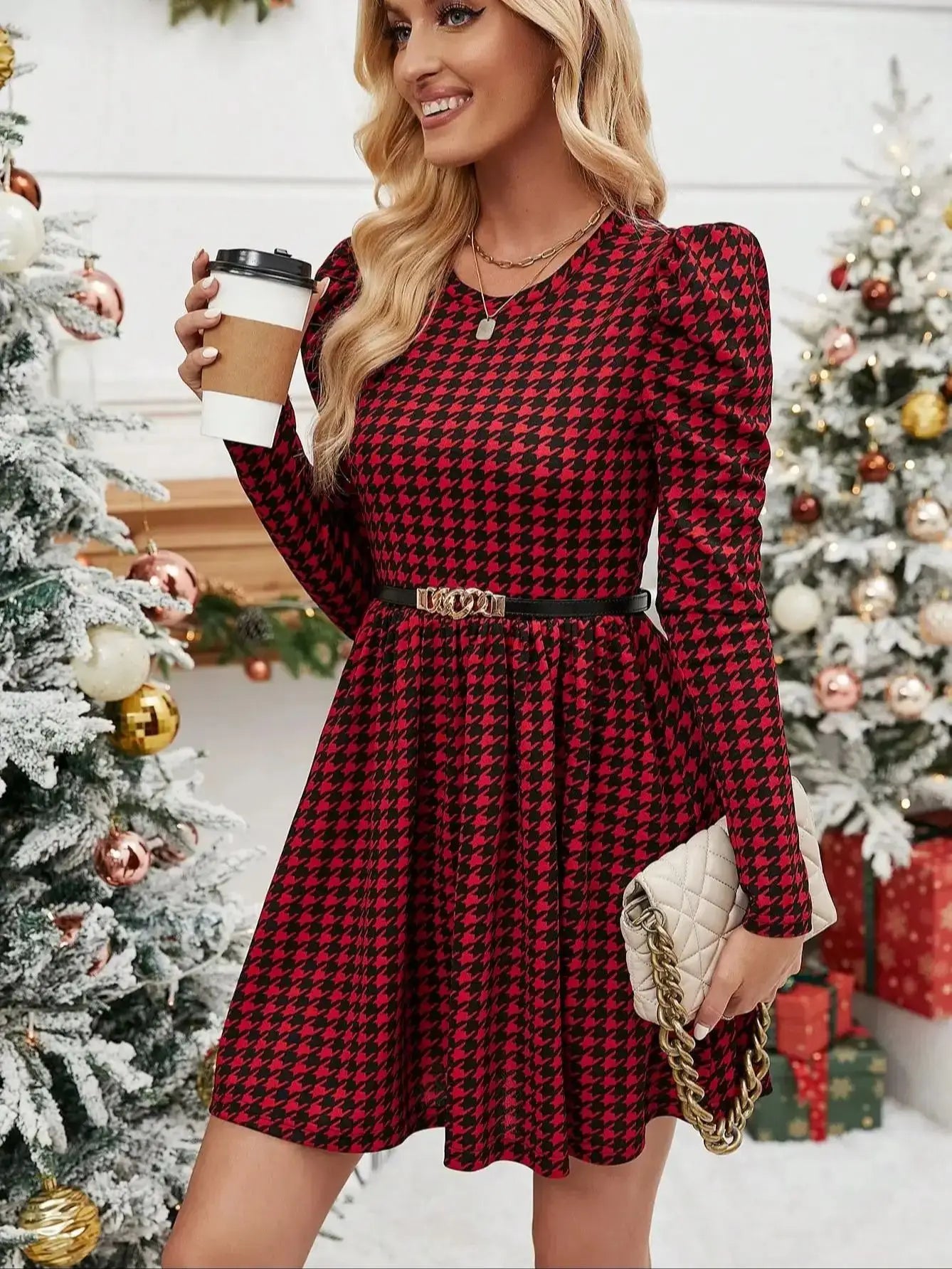 Long Sleeved Fit & Flare Mini Dress Houndstooth Pattern for | Chuzko.com