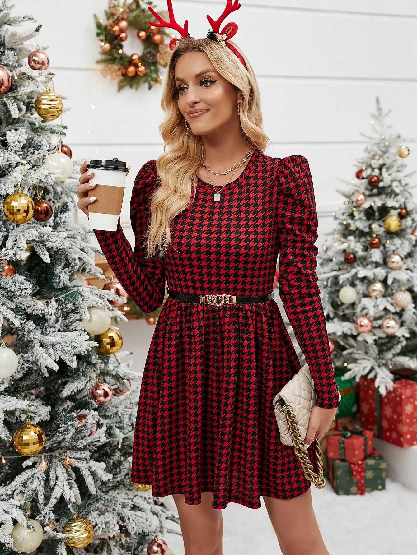 Long Sleeved Fit & Flare Mini Dress Houndstooth Pattern for | Chuzko.com