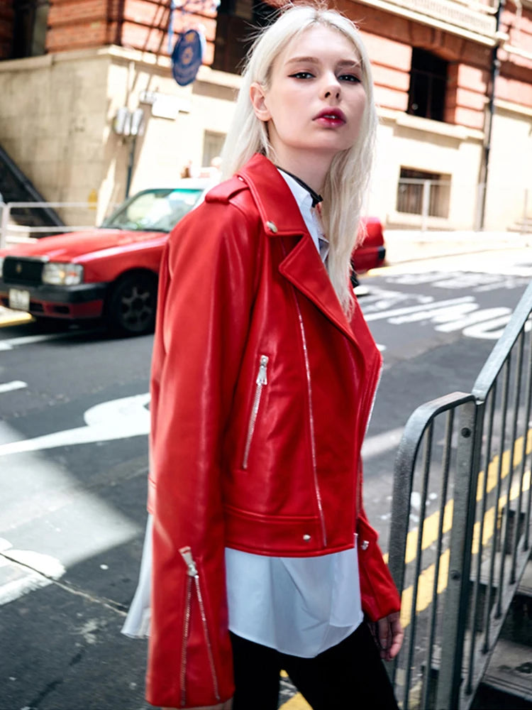 Edgy Red Biker Jacket PU Leather Autumn Outerwear Faux Leather | Chuzko.com