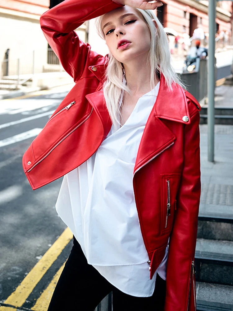 Edgy Red Biker Jacket PU Leather Autumn Outerwear Faux Leather | Chuzko.com