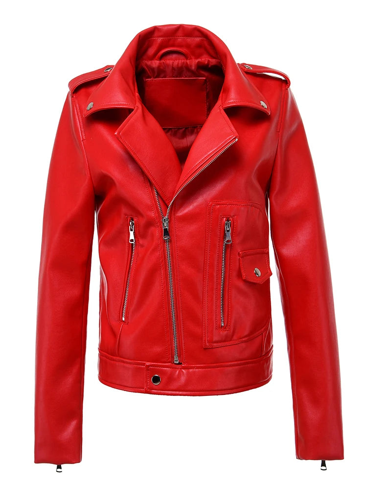 Edgy Red Biker Jacket PU Leather Autumn Outerwear Faux Leather | Chuzko.com