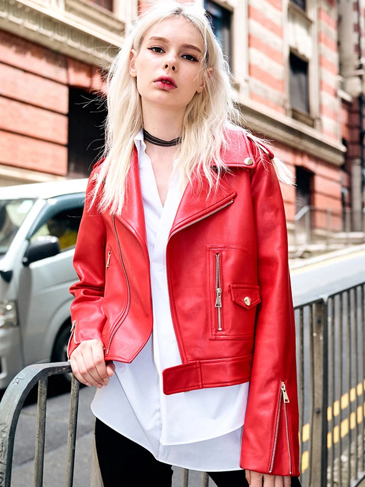 Edgy Red Biker Jacket PU Leather Autumn Outerwear	