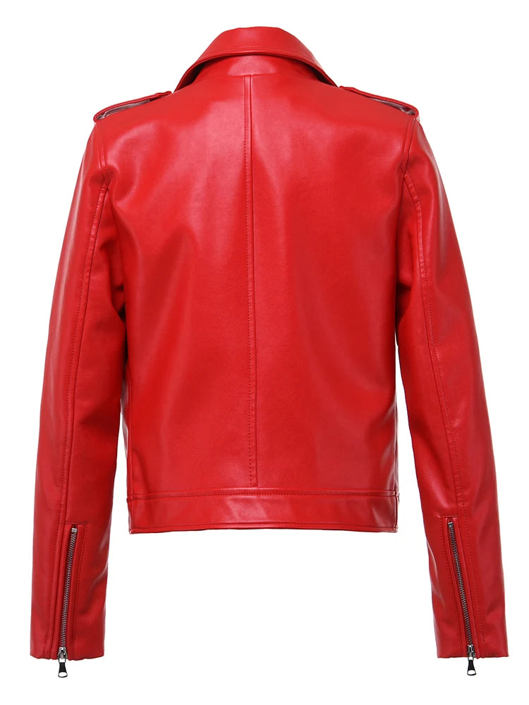 Edgy Red Biker Jacket PU Leather Autumn Outerwear Faux Leather | Chuzko.com