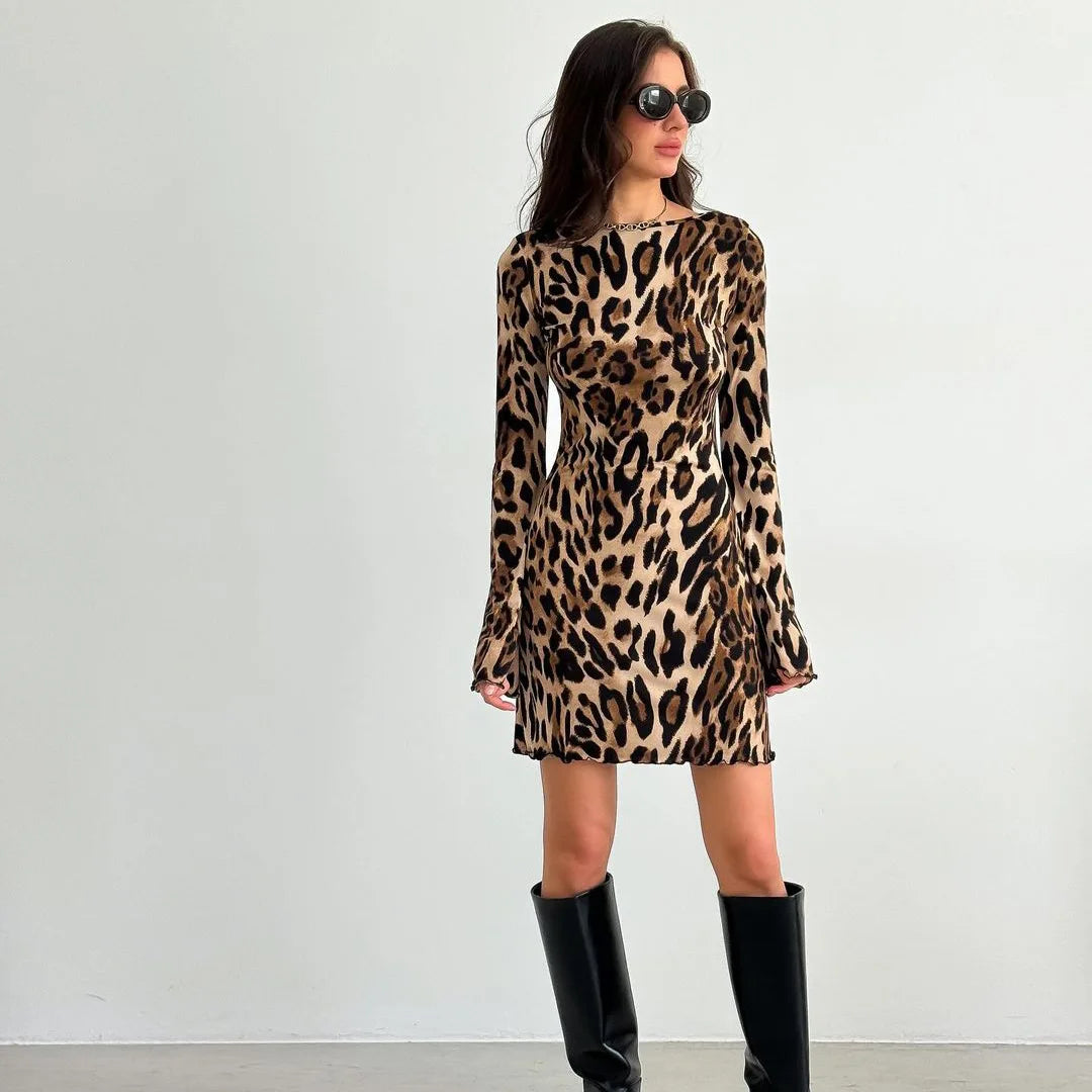 Leopard Print Mesh Long Sleeve See Through Mini Dress - Urban | Chuzko.com