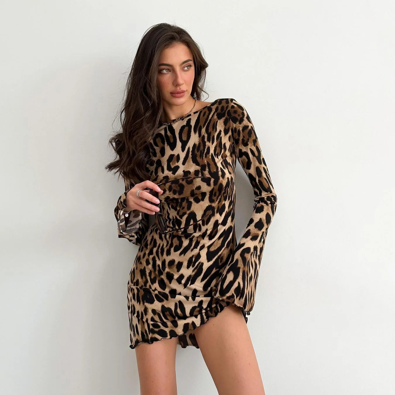 Leopard Print Mesh Long Sleeve See Through Mini Dress - Urban Fashion	