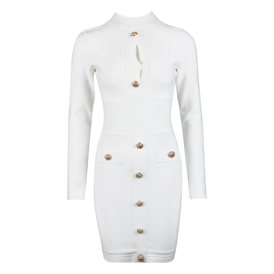 Bandage Mini Dress Long Sleeve Button Applique Celebrity Inspired | Chuzko.com