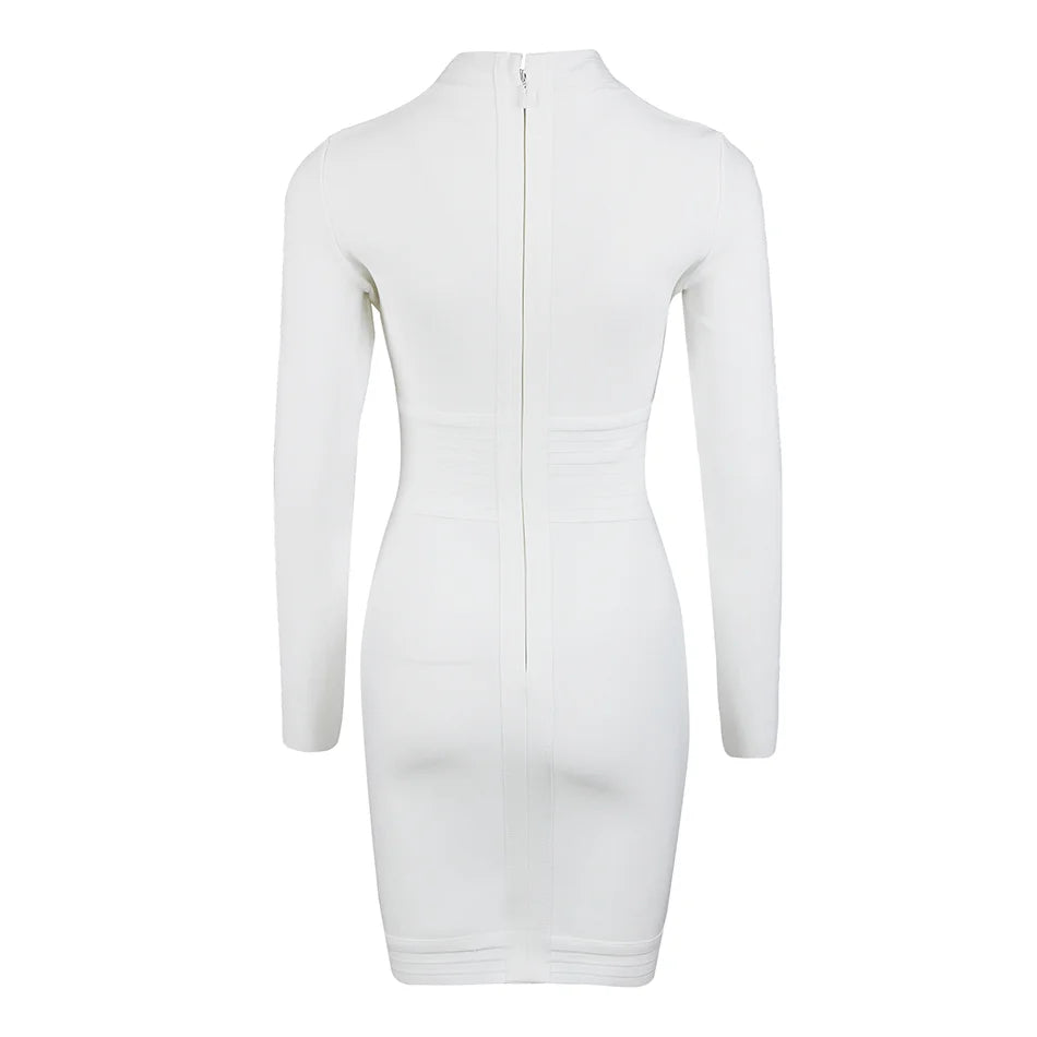 Bandage Mini Dress Long Sleeve Button Applique Celebrity Inspired | Chuzko.com