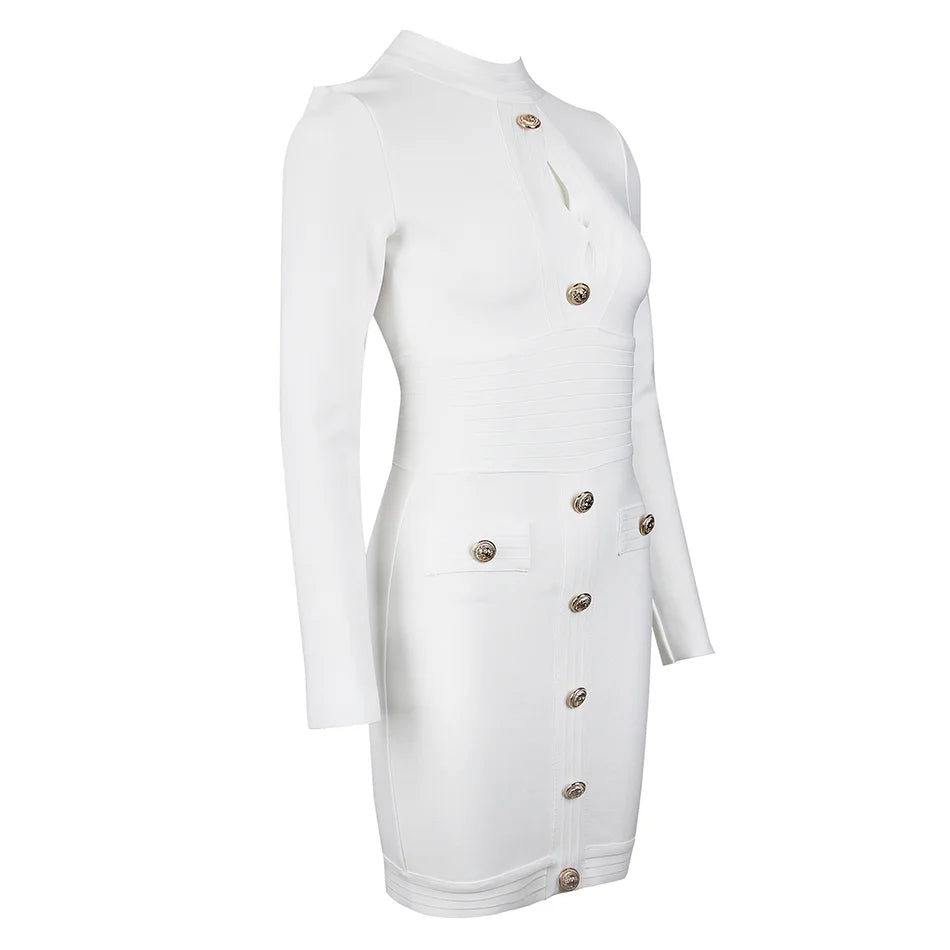 Bandage Mini Dress Long Sleeve Button Applique Celebrity Inspired | Chuzko.com