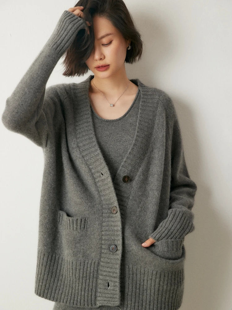 Elegant Winter Pure Cashmere Grandpa Cardigan	