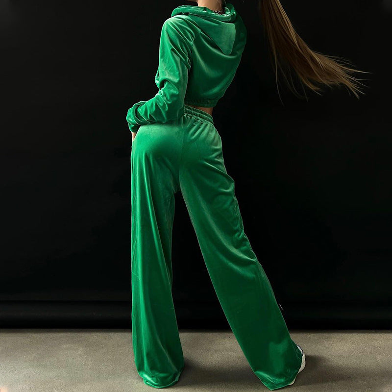 Sportish Velvet Outfit: Hoodie &amp; Wide-leg Trousers Trousers Set | Chuzko.com