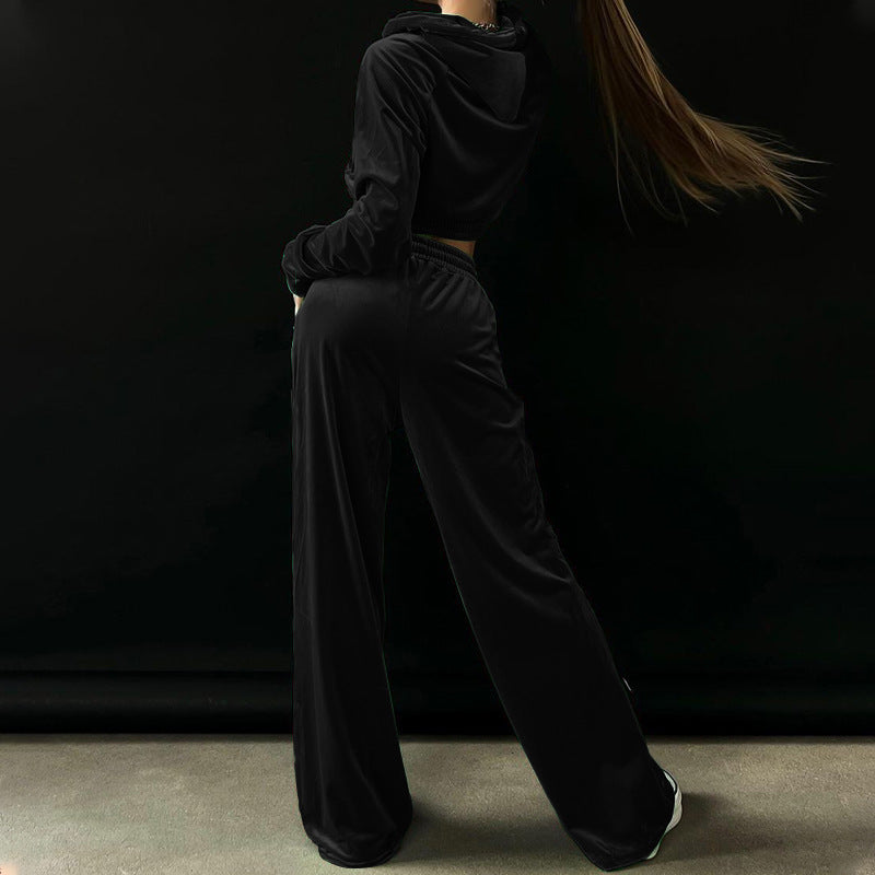 Sportish Velvet Outfit: Hoodie &amp; Wide-leg Trousers Trousers Set | Chuzko.com