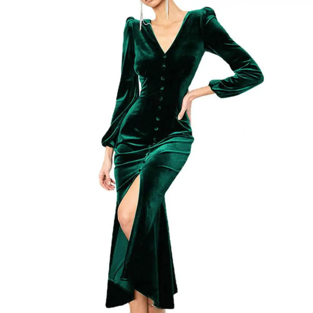 Luxurious Velvet Long Sleeve Maxi Dress for Year's End | Chuzko.com