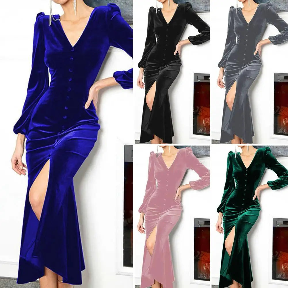 Luxurious Velvet Long Sleeve Maxi Dress for Year's End | Chuzko.com