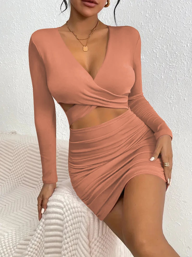 CrissCross Cut Out V-neck  Nightclub Ready Ruched Mini Dress | Chuzko.com