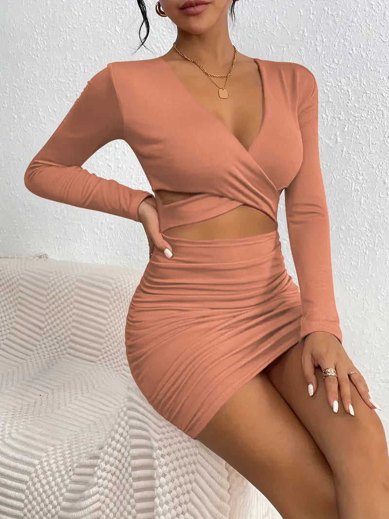 CrissCross Cut Out V-neck  Nightclub Ready Ruched Mini Dress | Chuzko.com