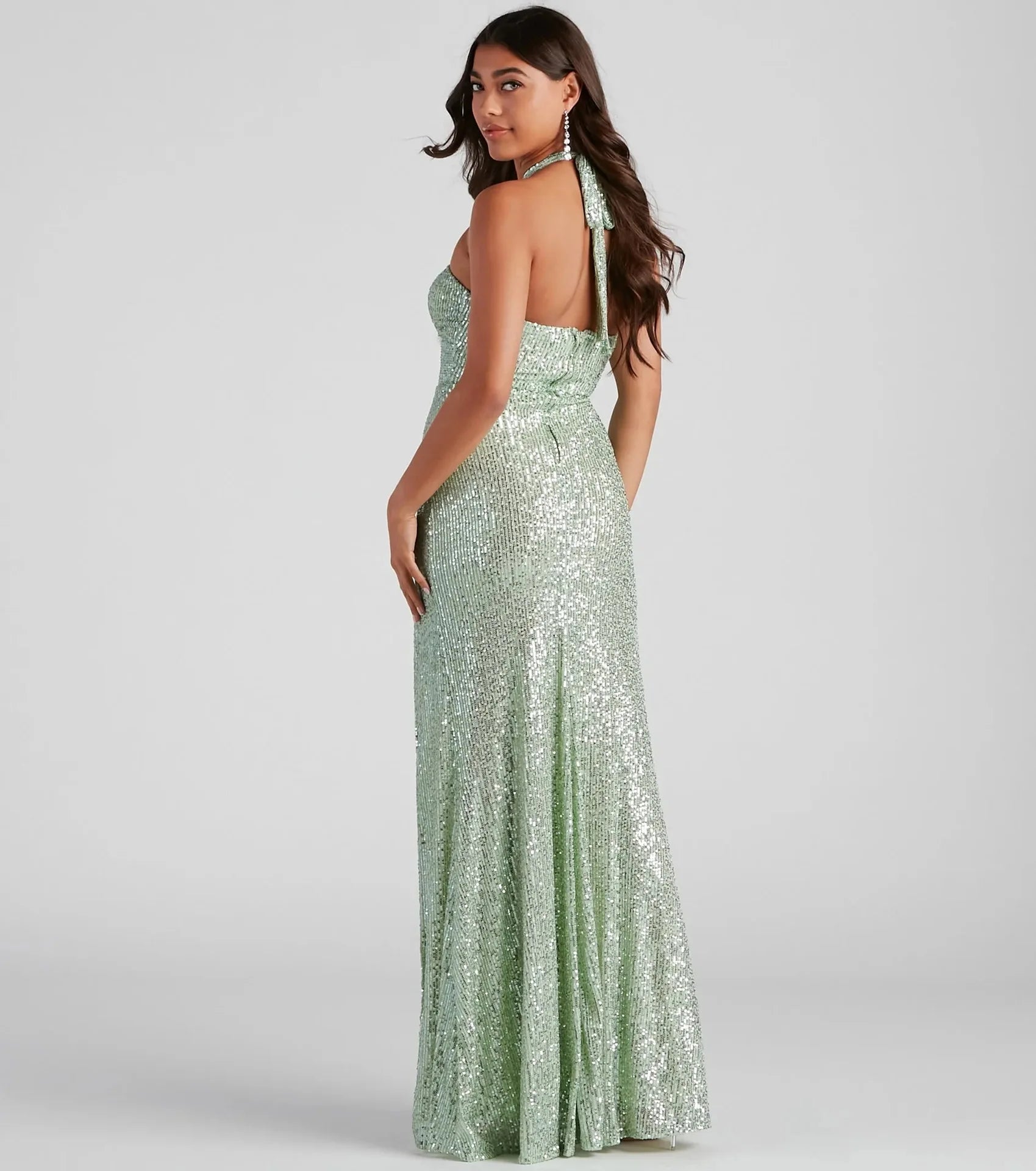 Sequin Halter Neck Backless Evening Maxi Dress Performance Event | Chuzko.com