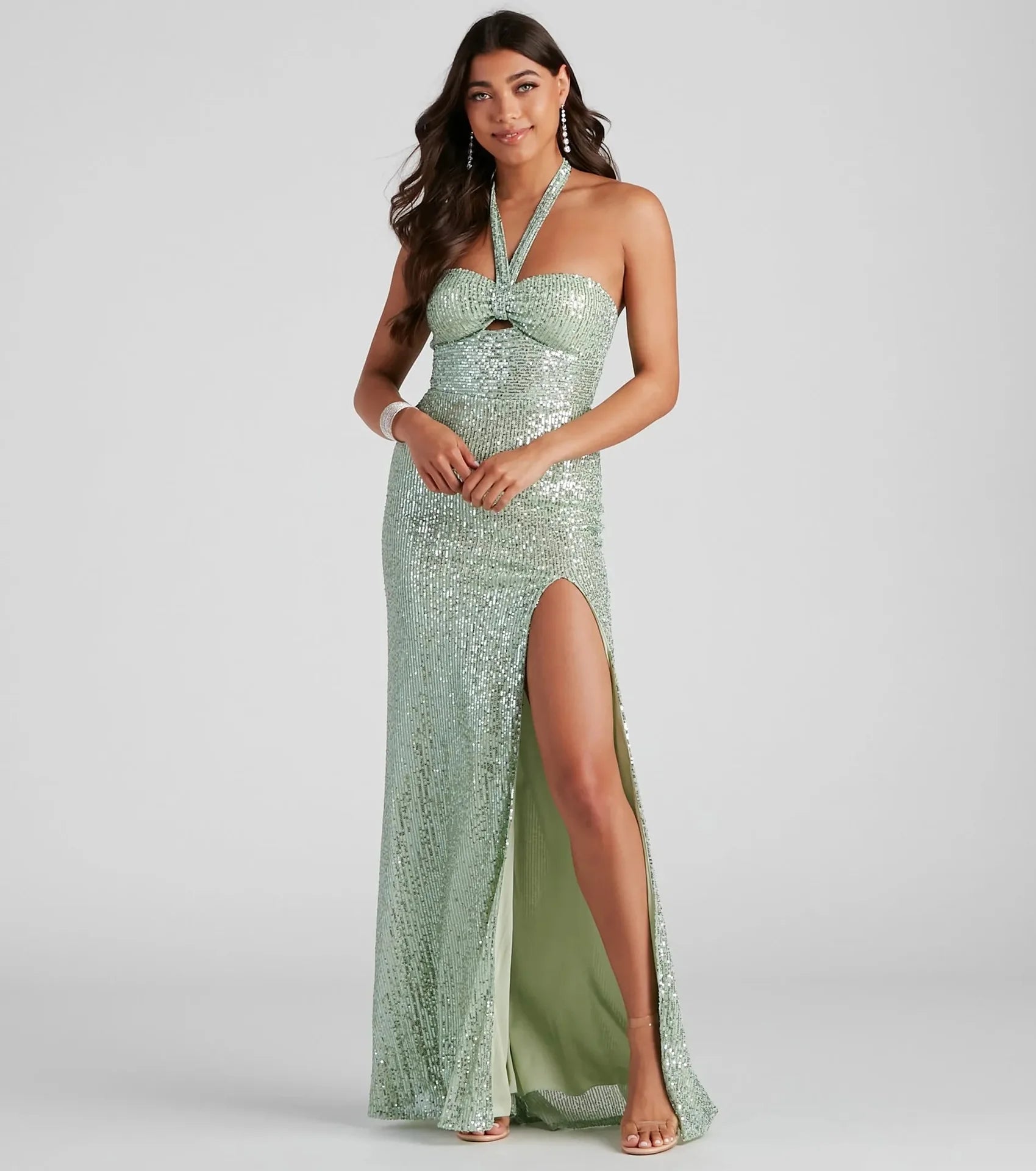 Sequin Halter Neck Backless Evening Maxi Dress Performance Event | Chuzko.com